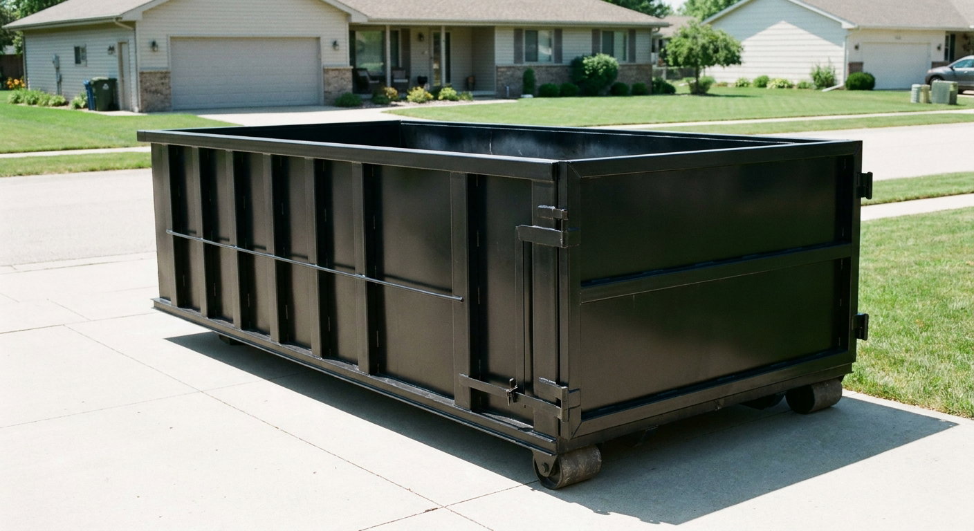 Matte-black 10-yard roll-off dumpster on a residential concrete driveway in Redding, uniformly painted matte black across every panel and rail, ribbed steel sidewalls and rear swing door visible, mid-day daylight.