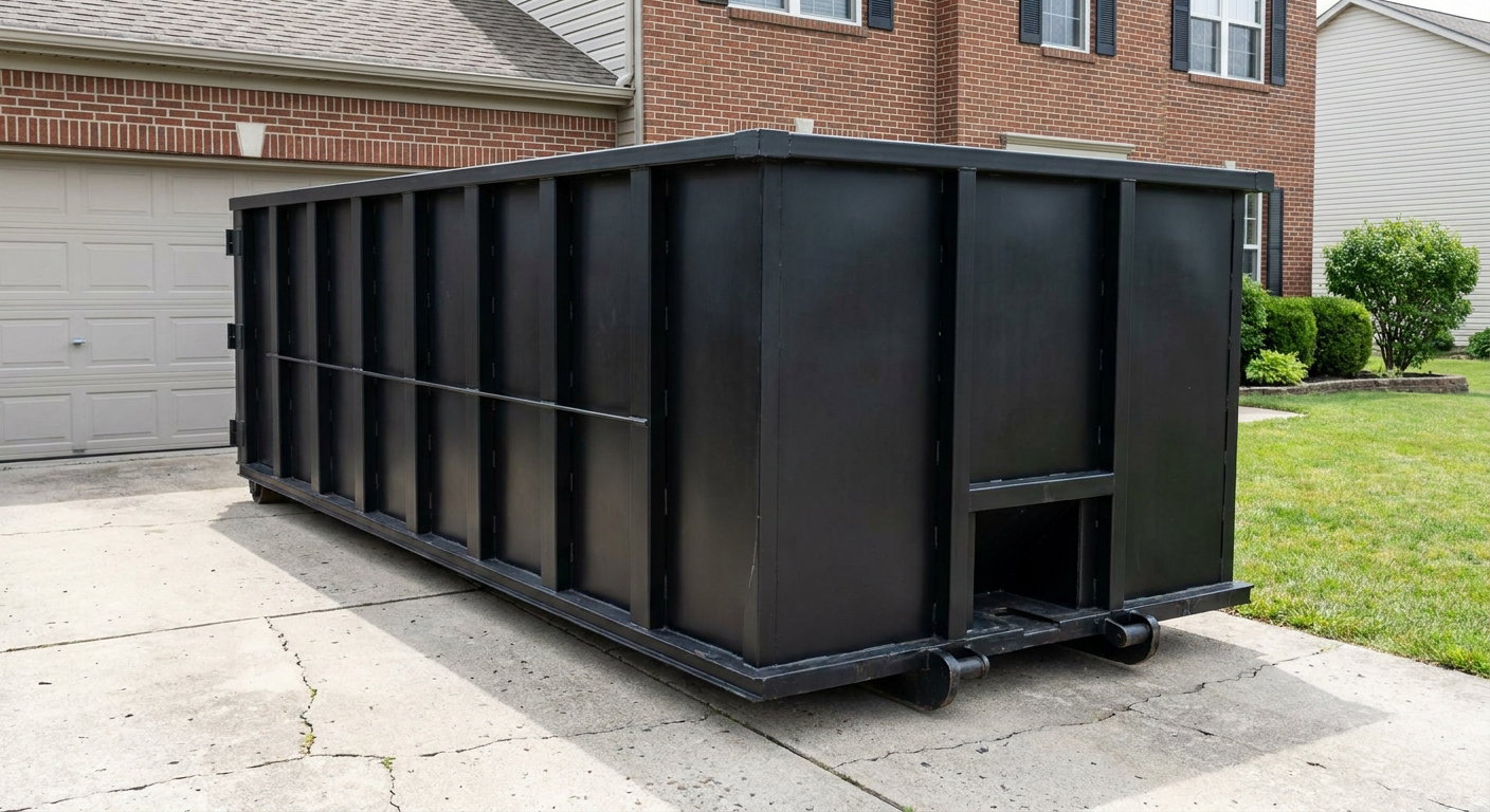 Matte-black 20-yard roll-off container on a Redding residential concrete driveway with reinforced ribbed steel sidewalls and a hinged rear walk-in door, clean bright daylight.