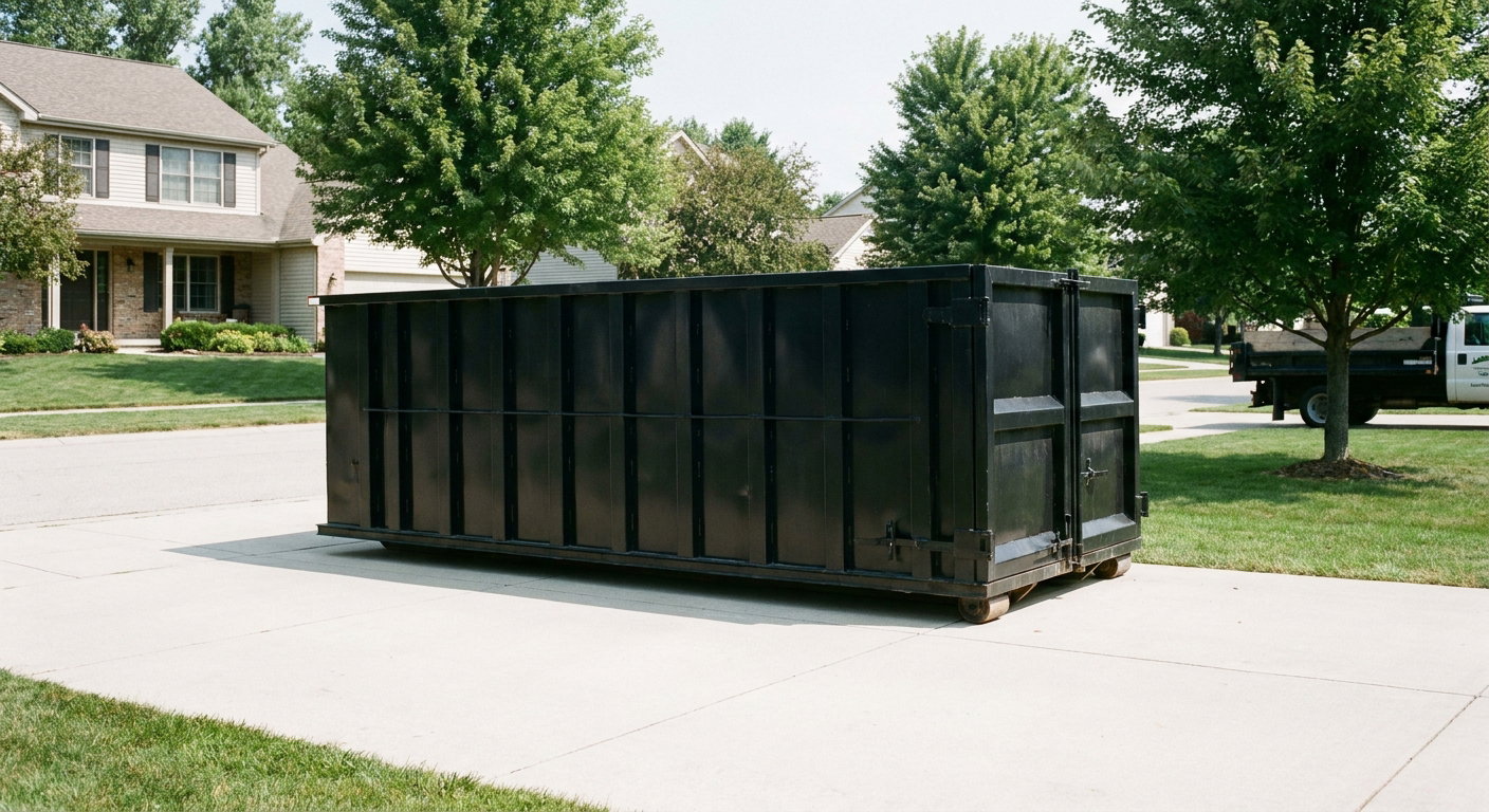 Matte-black 20-yard roll-off dumpster sitting level on a clean Redding residential concrete driveway under bright daylight, demonstrating clean placement directly on the concrete.