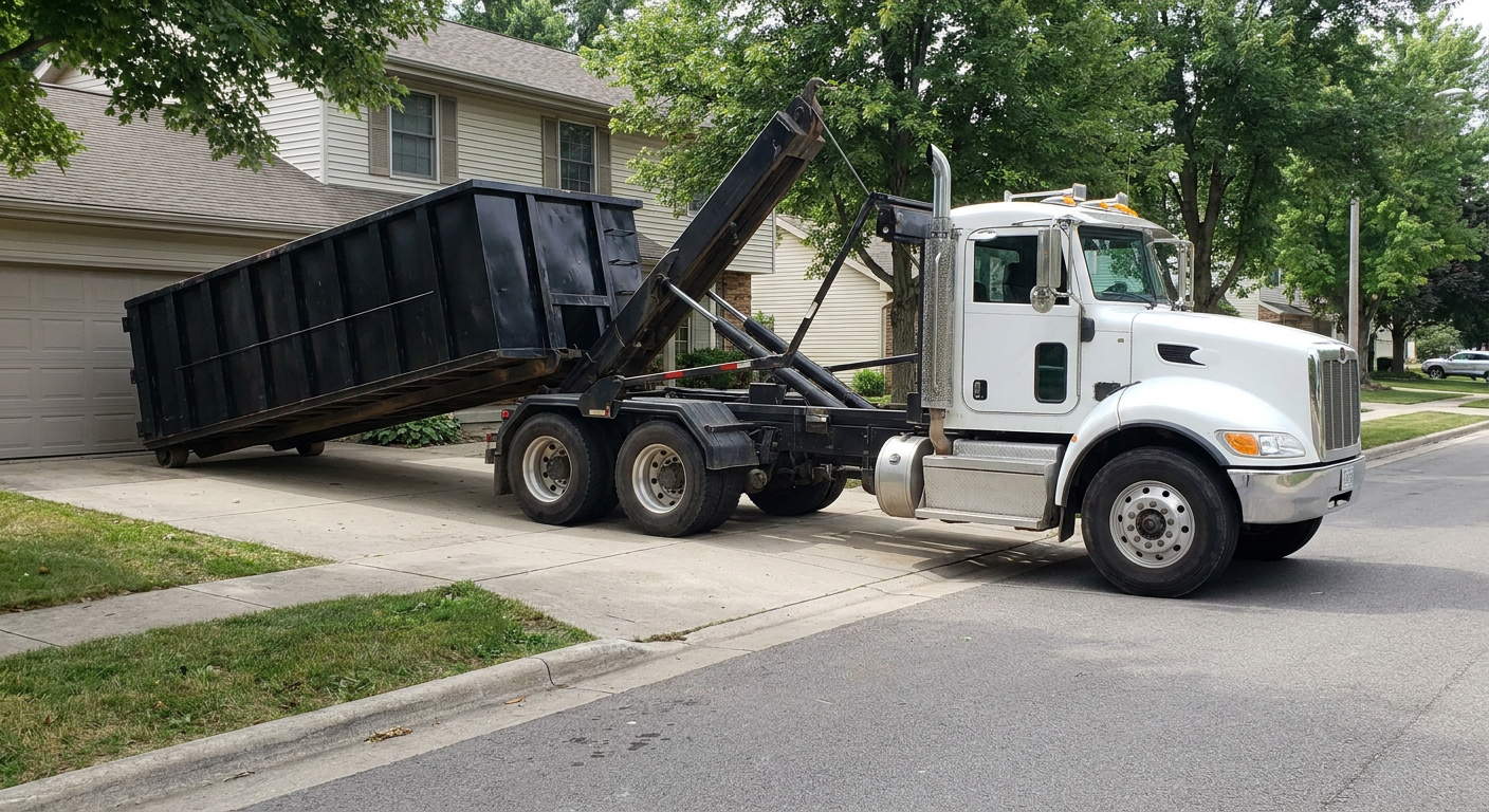 White-cab hooklift roll-off truck actively lowering a matte-black dumpster onto a Redding residential concrete driveway, the dumpster's rear wheels touching the driveway as the hoist arm tilts the bed forward, mid-morning daylight.