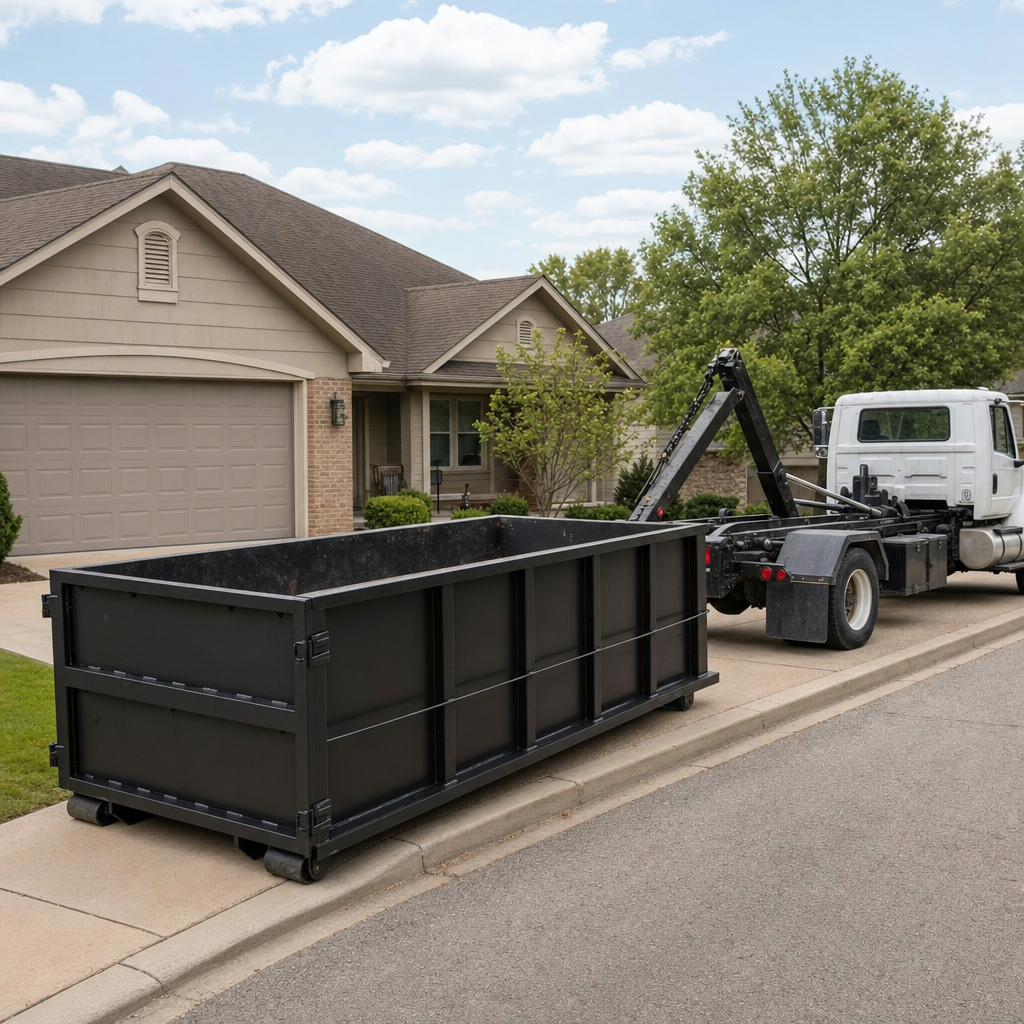 Wide documentary shot of a matte-black roll-off dumpster on a Redding residential driveway in the foreground and a contractor jobsite container in the soft-focus background, bright daylight, calm and orderly composition.