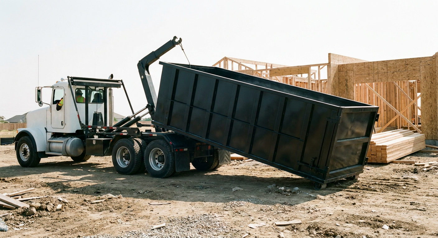 Matte-black roll-off dumpster being delivered onto a clean residential concrete driveway in Redding by an unmarked white hooklift hauler truck, bright morning daylight, documentary 35mm perspective.